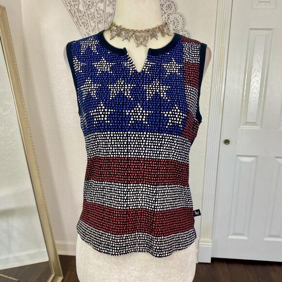 Vintage Made in USA Red White Blue Stars American Flag Sparkly Baby Tee Top L - Picture 3 of 8
